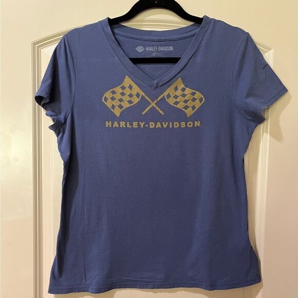 HARLEY DAVIDSON Retro Race Flag V-Neck Tee Crown Blue Women’s Size Large - Picture 1 of 5